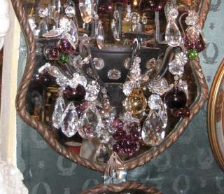 Pair French Mirrored Tole Metal & Crystal Sconces 1920s  