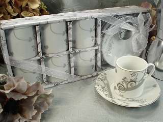 Silver Heart Porcelain 12pc Espresso Teacup Saucer Set  