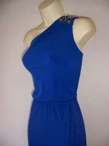 LAUNDRY Blue Stretch Jersey One Shoulder Jeweled Cocktail Evening 