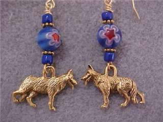 German Shepherd Antique Gold Fine Pewter Charm Drop Earrings Blue 