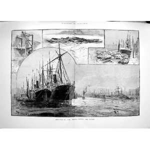   1889 SCENE RIVER THAMES STEAMERS SHIPS BARGES LONDON