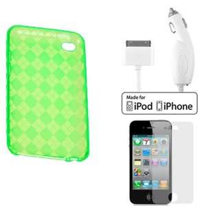  White Car Charger + Durable Soft Gel Skin Cover Case   Green Checker 