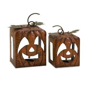  Box Shaped Rustic Pumpkin Candle Holder   Set of 2