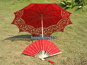 Belgian full lace RED wedding parasol w/matching fan  