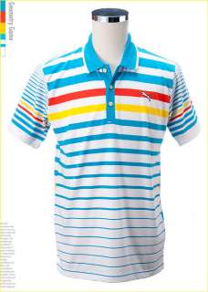 PUMA Mens Golf Varigated Narrow Stripe Short Polo Shirt Blue White 