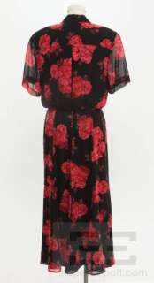   Black & Red Rose Print Button Down Short Sleeve Dress Size 12  