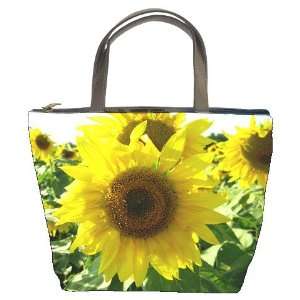  Black Leather Bucket Bag Handbag Purse Garden Sunflower Yellow Flower