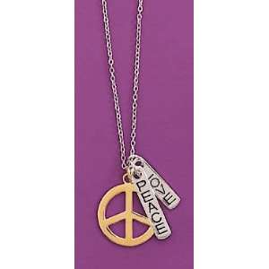 Sterling Silver Necklace, 7/8 in 14K Gold Plated Peace Sign, Charms 