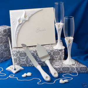 CALLA LILLY WEDDING SET  FLUTES GUEST BOOK CAKE & KNIFE  
