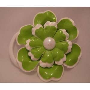  NEW Lime Green and White Vinyl Flower Pony Tail Band 