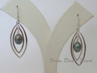 Sterling Silver Genuine Black Pearl Dangle Earrings Cultured 
