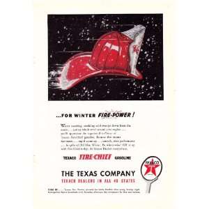  1947 Ad Texaco Motor Oil Winter Fire Power Fireman Helmet 