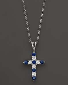 Diamond and Sapphire Cross Pendant Necklace in 14K White Gold, .25 ct 