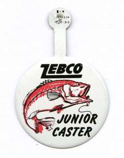 Vintage Fold Over Tin ZEBCO JUNIOR CASTER Pin Back Button  