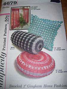 60s SIMPLICITY 4679 SQUARE~BOLSTER~ROUND SMOCKED PILLOW & CAFE CURTAIN 