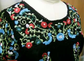 Vtg 70s Green Scallop Embroidered MEXICAN dress BOHO MINI TOP  