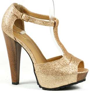 Gold Glitter Open Toe T Strap Platform Sandal 8.5 us  