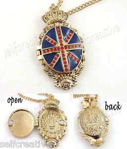 English Royal Crown Union Jack Flag Locket Necklace British Red Stones 