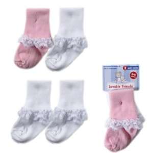  2 Pack Lace Cuffs Baby Socks, White, 0 9 months Baby