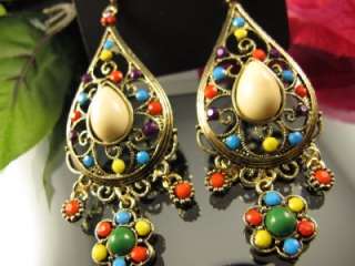 Ethnic Vintage Copper Style Color Bead Oval Dangle Earrings C566 