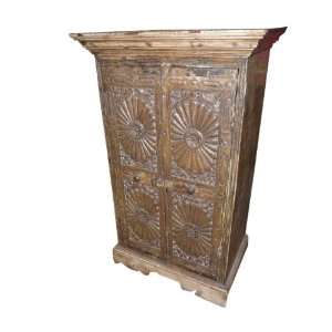 Antique India Jaipur Style Carved Sunburst Teak Armoire Side Cabinet 