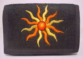 are sun wallets with orange gold or brown suns and dyed hemp wallets 