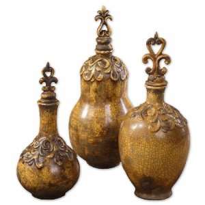   Asita Yellow Bottles Set/3 Heavily Distressed, Crackled Golden Yellow