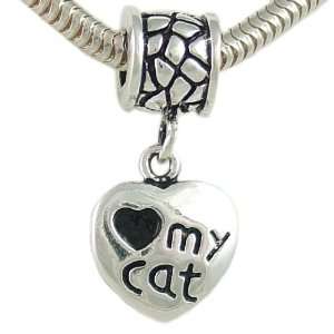 Love My Cat Heart Dangle Paw Print Bead in Silver Plate for European 