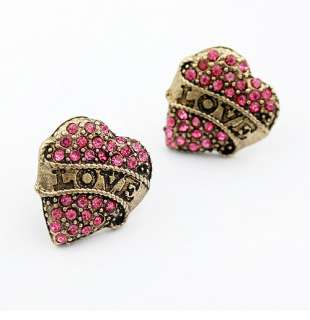 Vintage Bronze Full Rose Rhinestone Heart LOVE Carve Stud Earrings 1 