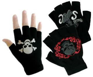 Lot 3 Black Knit Fingerless Kids Gloves Gothic Skull  
