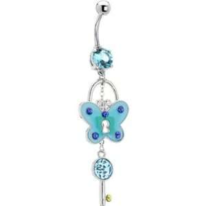    Aqua Cubic Zirconia Butterfly Lock and Key Belly Ring Jewelry