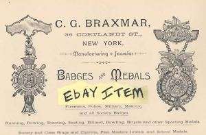 1887 AD CG BRAXMAR BADGE MEDAL NEW YORK JEWELER JEWELRY  