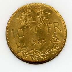 1922 Swiss 10 Francs Gold Coin MS 65 NGC  