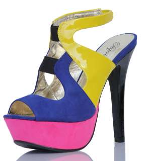 Strappy Color Block Pink Blue Yellow Platform High Heels Grog  