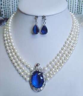 rows white pearl sapphire pendant necklace earrings 17 19” 6 7mm