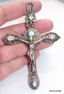 LARGE ANTIQUE SILVER CRUCIFIX w/ STONES. I HAVE A GREAT COLLECTION 