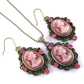 Antique VTG Style Pink Cameo Necklace Earrings Set s73  