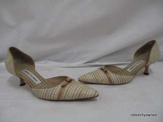 Manolo Blahnik Beige Woven Fabric Leather Thin Buckle Strap Heels 39.5 