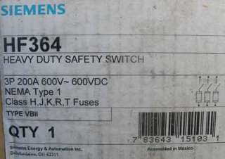 New Siemens HF364 HD Fusible Safety Switch 3P 200A 600VAC Nema 1 