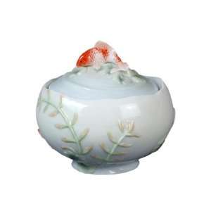  3.25 inch Pale Blue Glazed Ceramic Koi Sugar Bowl with Koi 