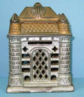1895/06 FOUR TOWER CAST IRON TOY BANK BUILDING GUARANTEED OLD 