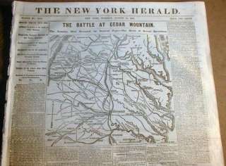 1862 Civil War newspaper w Large Map BATTLE of CEDAR MOUNTAIN Culpeper 