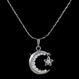 White Gold gp Lab Diamond Moon love Star Pendant Necklace  