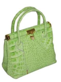 Italienische Leder Handtasche grün lack in Kroko Prägung  