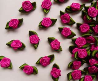 Shock Pink Satin Ribbon Roses w/Leaf Lots of 50  