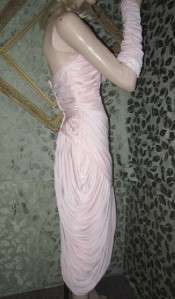 80s Vtg Sexy Pink Rouching Goddess Diva Strapless Glam Dress w 