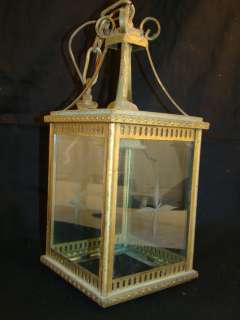 PETITE Antique ETCHED GLASS Old BRASS Hanging CAGE Foyer CHANDELIER 