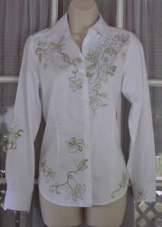 Chicos Womens Small Size 0 White Cotton Floral Embroidered Shirt 