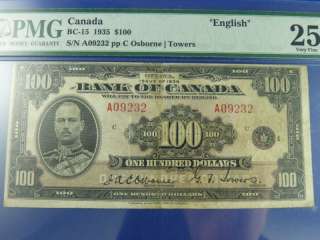 1935 English $100 Bank of Canada Note VF 25 A09232  