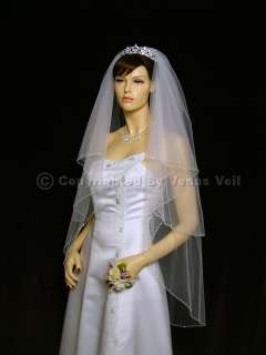 2T White Waltz Knee Length Beaded Edge Bridal Wedding Veil  